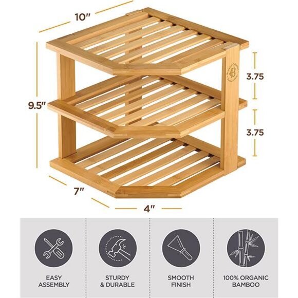 Bamboo Kitchen Corner Shelf - Cabinet Corner Rack for Plate, 3-Tier - Picture 2 of 7